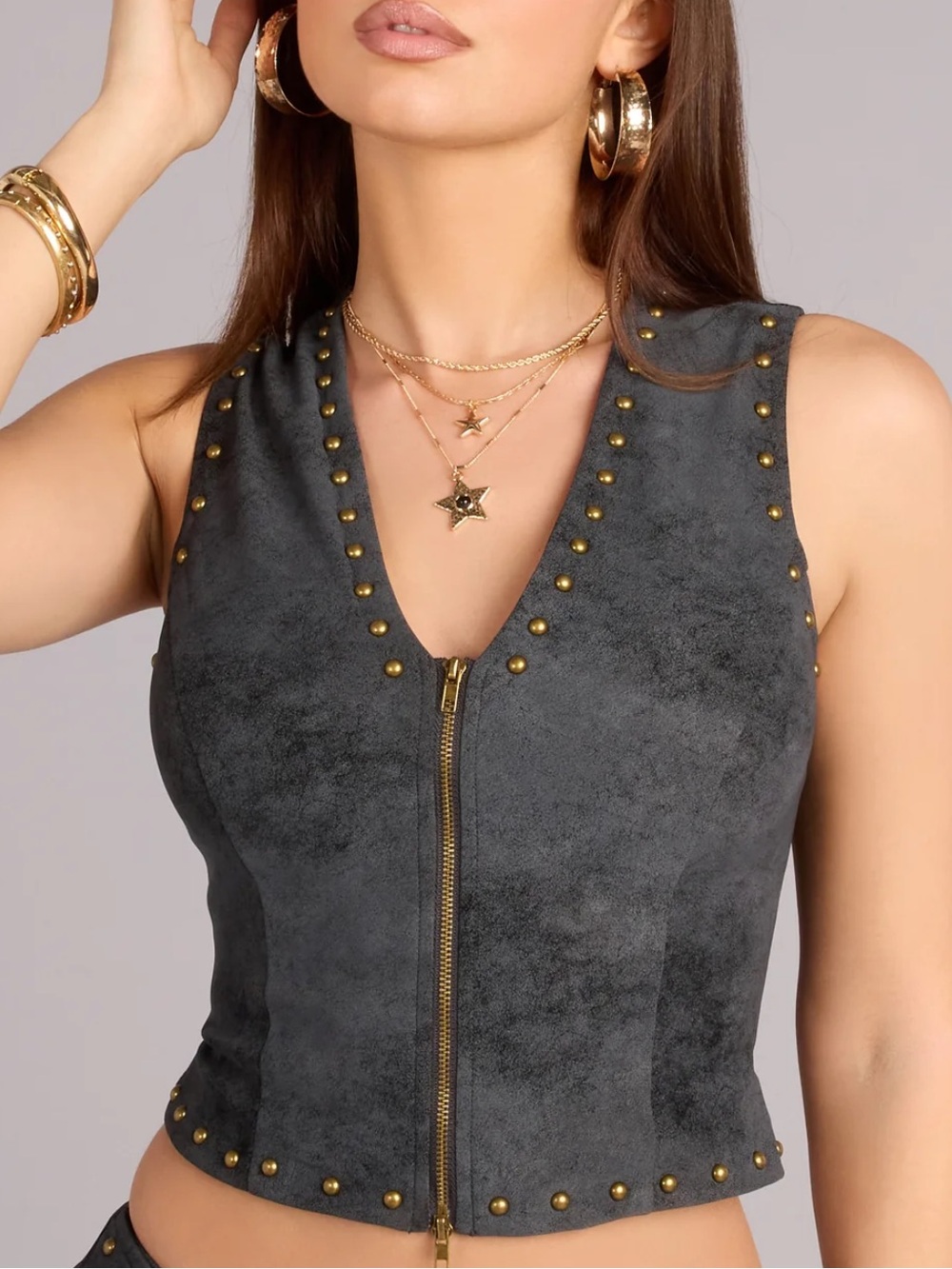 Windsor Serving Cool Studded Zip Front Faux Leather Vest Top NWT Size S